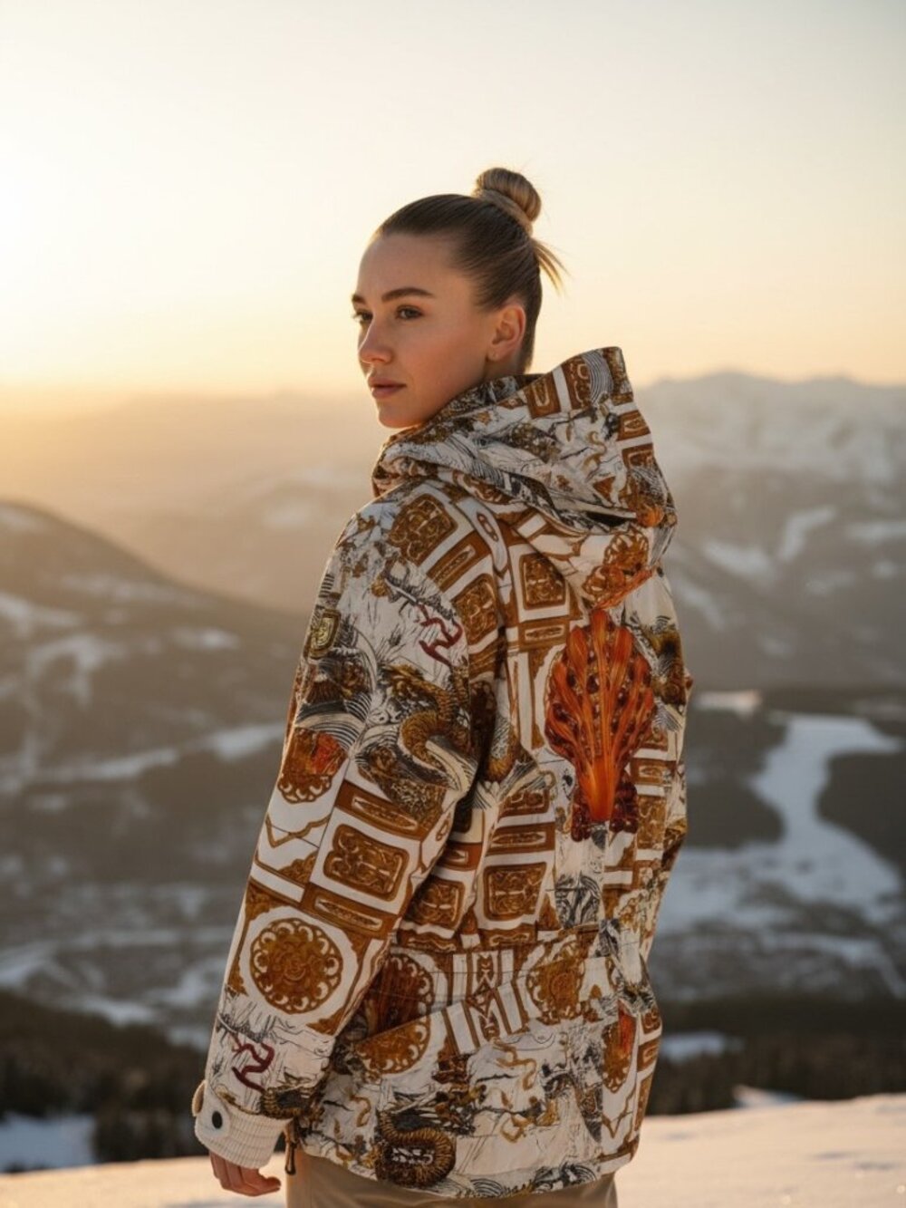 Vtg 90s EMMEGI Dragon Baroque Print Puffer Jacket Austria Sz S Oversized